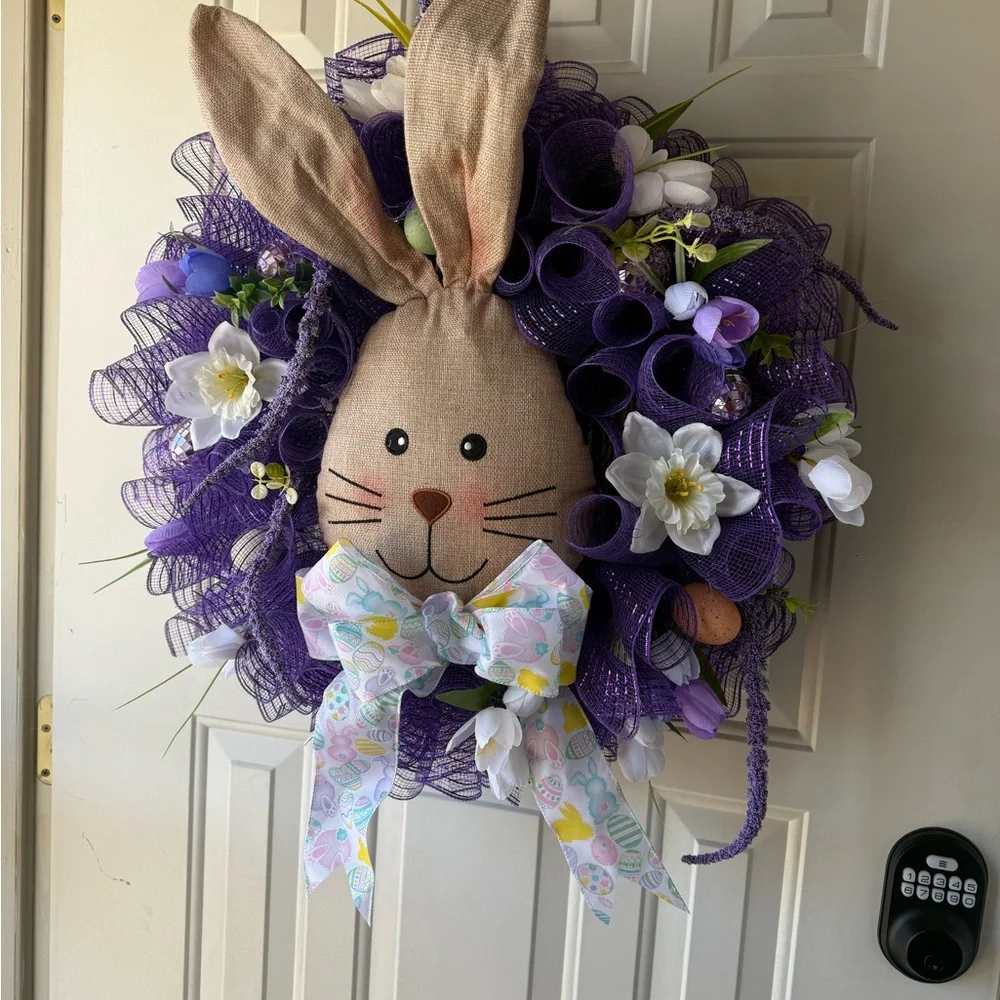 Easter Bunny Wreath with Purple Mesh and Floral Accents